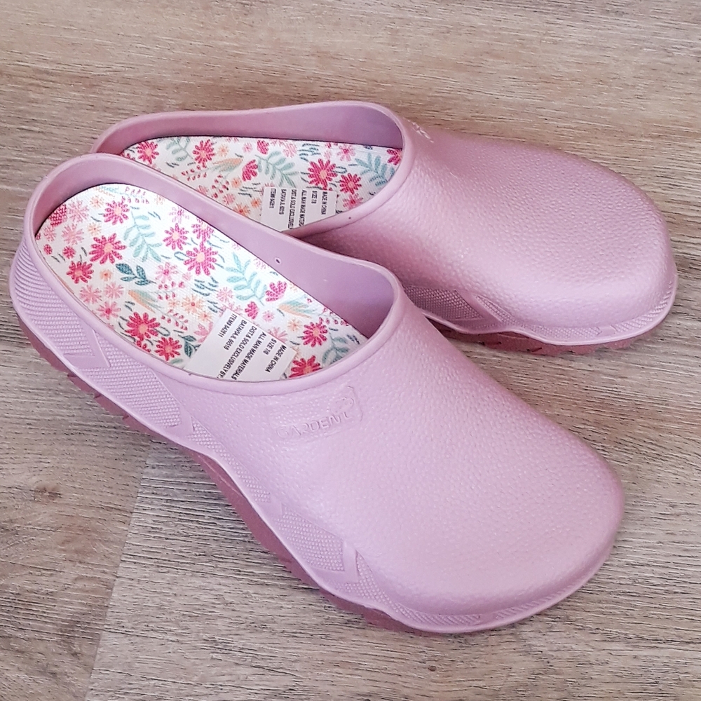 Aldi Gardenline Pink Two Tone Garden Clogs - Sz US 7/8 EU 39 Insole 10" Slip Ons